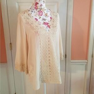 3 for $18‎ Alya Cream Top w/Crocheted Detail and Bell Sleeves